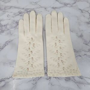 Vintage 50s English Cotton Beaded Evening Dress Formal Gloves